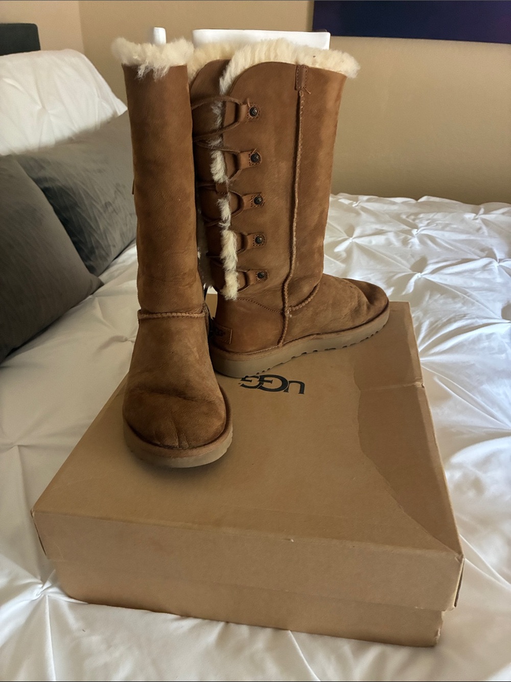 UGG Tall Chestnut Suede Shearling-Trim Lace-Up Boots